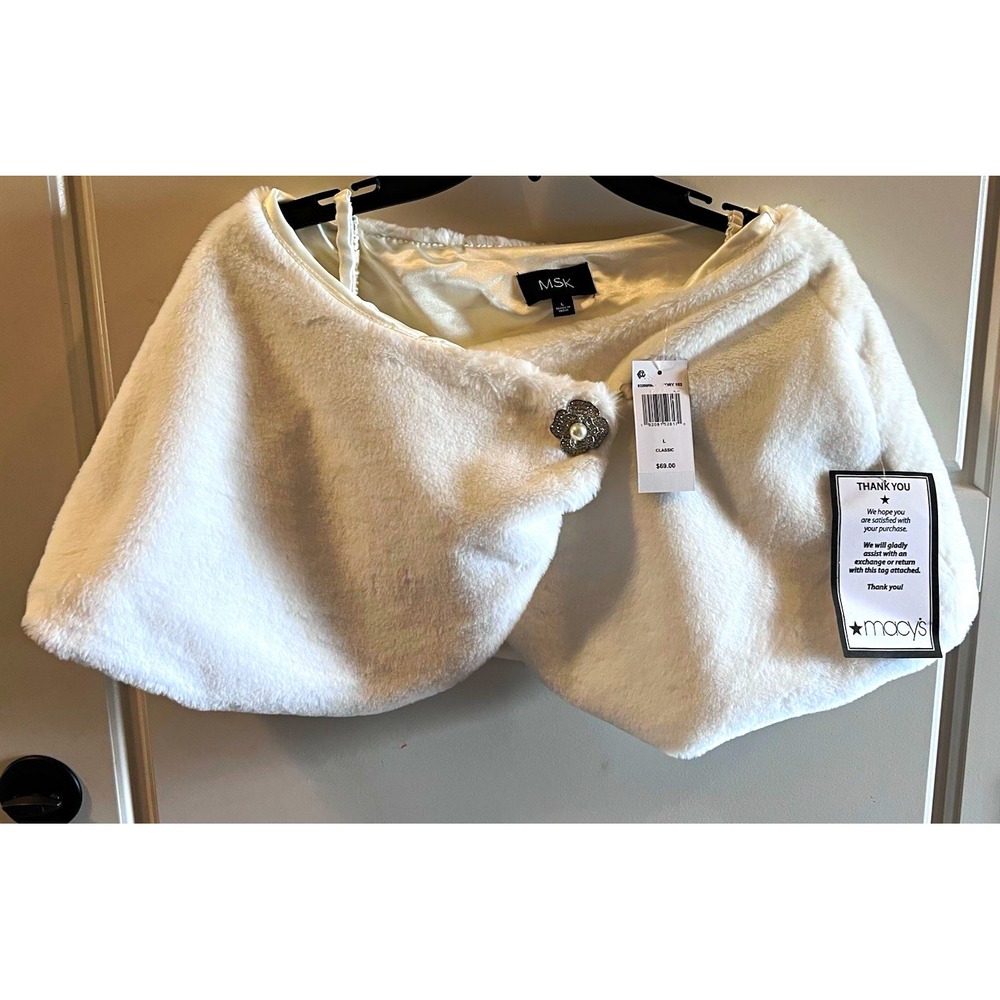 MSK White Faux Fur Solid Winter Shawl Wrap with Rhinestone Button Closure L